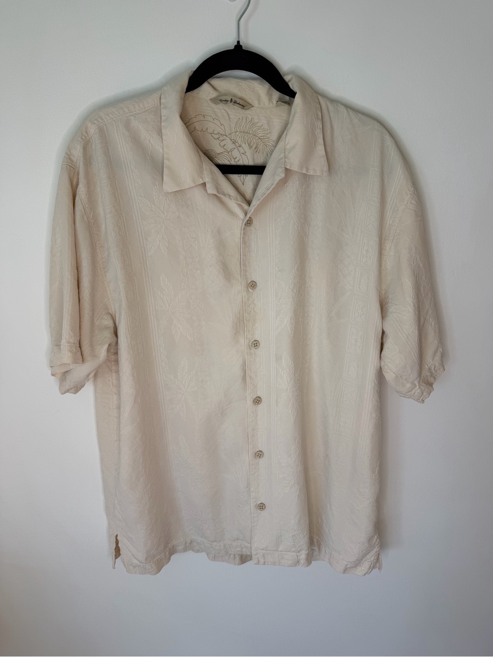 Tommy Bahama Cream Embroidered Tropical Short Sleeve Shirt Hawaiian 100% Silk L
